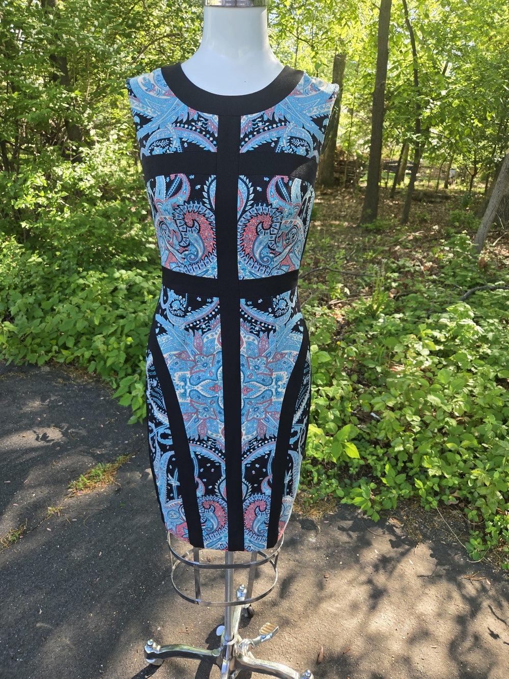 BCBGMaxAzria Teal & Coral Paisley Sheath with Black Trim